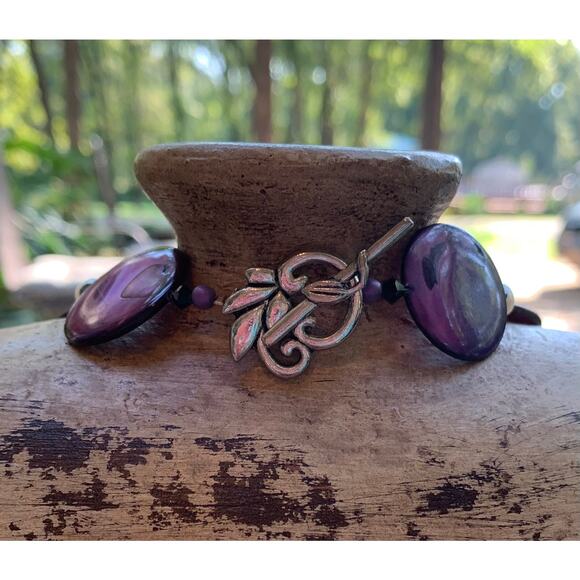 Violet Mother of Pearl, White Freshwater Pearl and Black Crystal Necklace - Picture 4 of 4